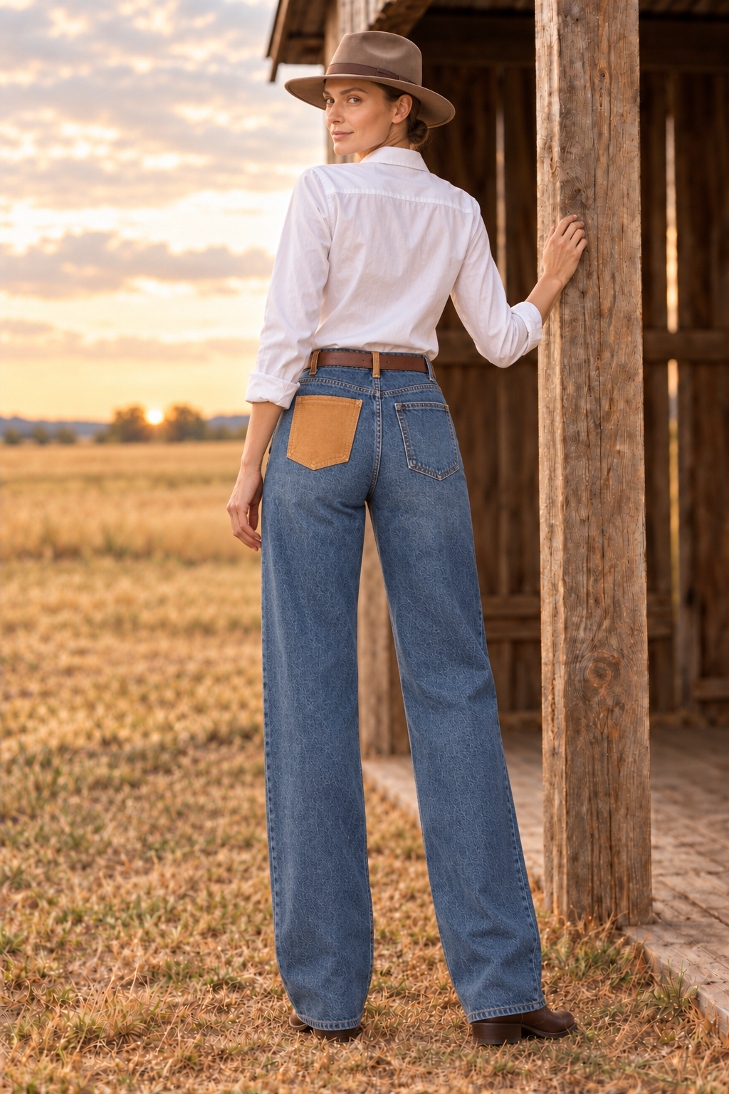 Blauwe Wide Leg Jeans met Suède Details