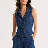 donkerblauw Denim gilet met knoopsluiting