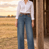 Blauwe Wide Leg Jeans met Suède Details