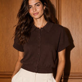 Gebreide Blouse met korte Mouw- Chocolatebruin