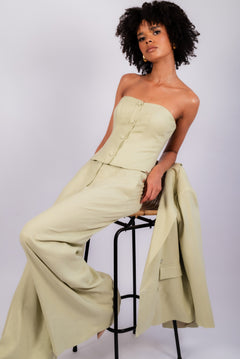 Women’s 3-Piece Linen Set – Blazer, Corset Top & Wide Leg Pants
