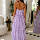 Lila Gelaagde Maxi Jurk met Bloemdetail