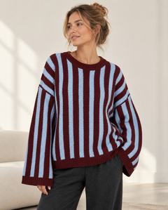 Gestreepte oversized trui bordeaux en lichtblauw – dames