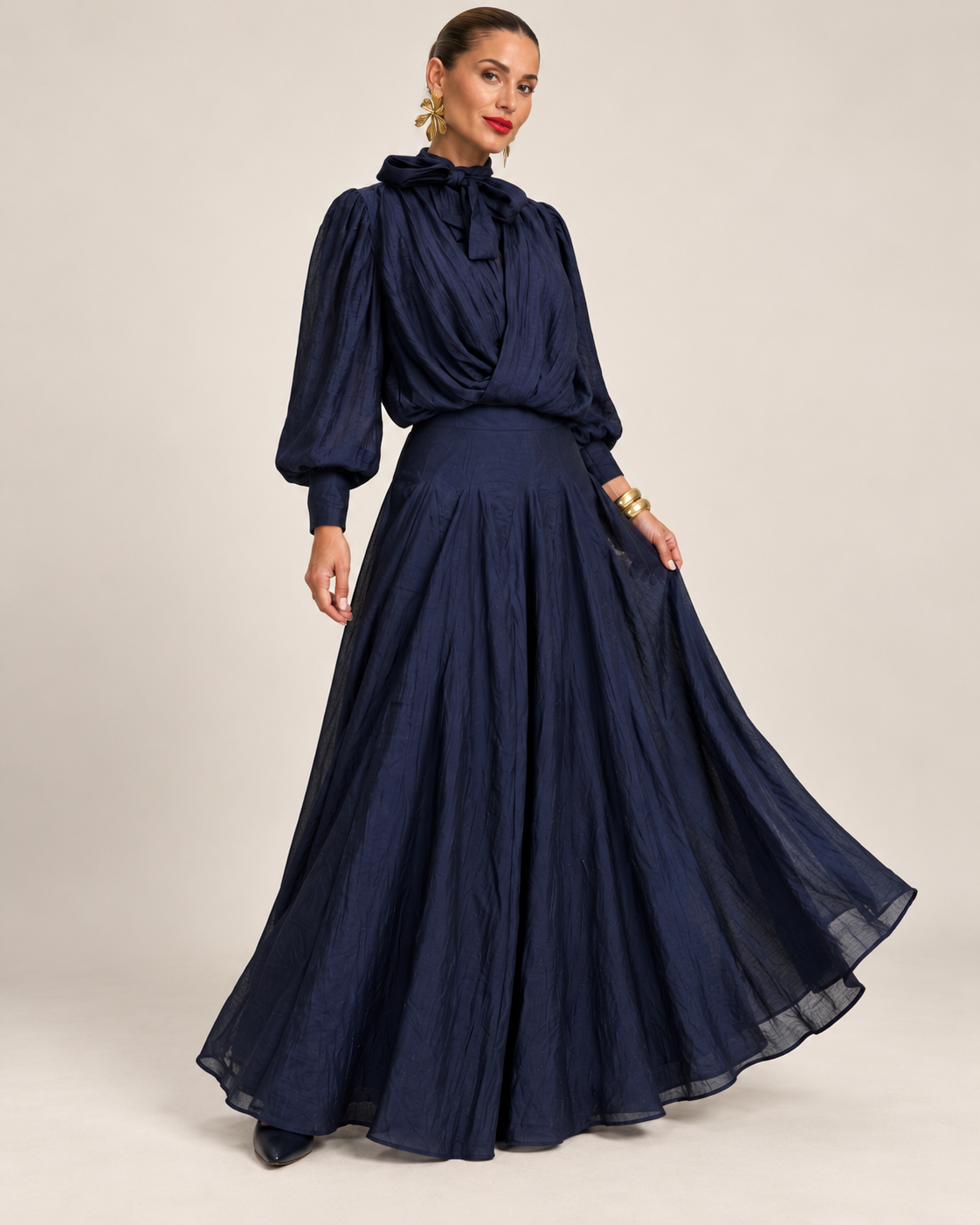 Setje met strikblouse en maxirok – Donkerblauw