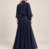 Setje met strikblouse en maxirok – Donkerblauw