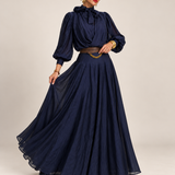 Setje met strikblouse en maxirok – Donkerblauw