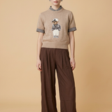 Beige Teddy Bear Knit Top met Ruitdetails