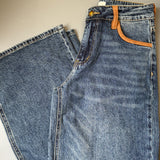 Blauwe Wide Leg Jeans met Suède Details