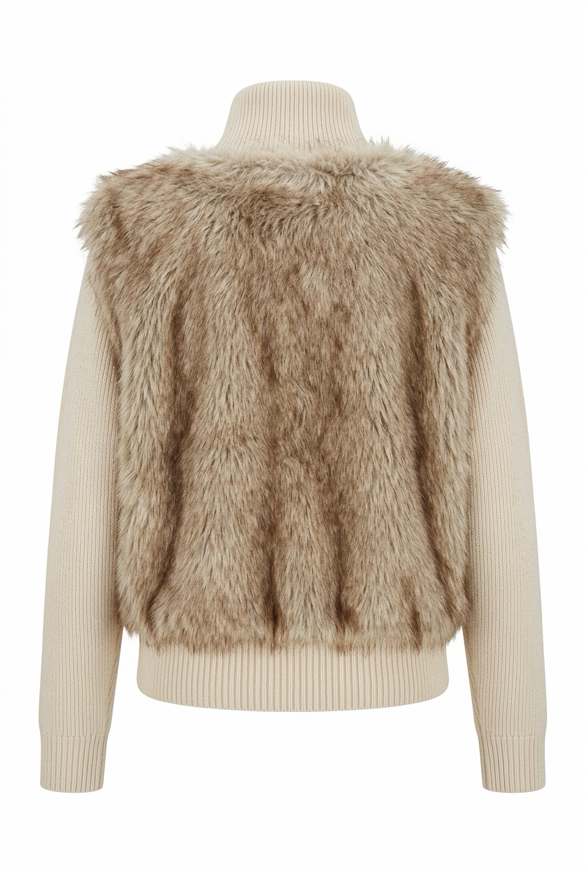 Beige Gebreid Vest met Bontlook en Ritszakken