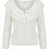 Trui met kanten kraag en afneembare broche-offwhite