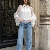 Wide Leg Denim met Eyelet Details