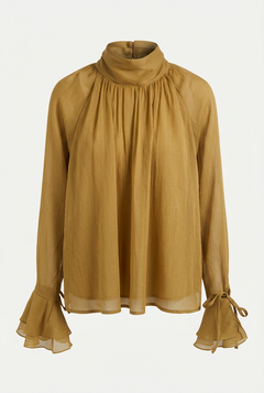 Okerkleurige Damesblouse met Strik en Lange Mouwen